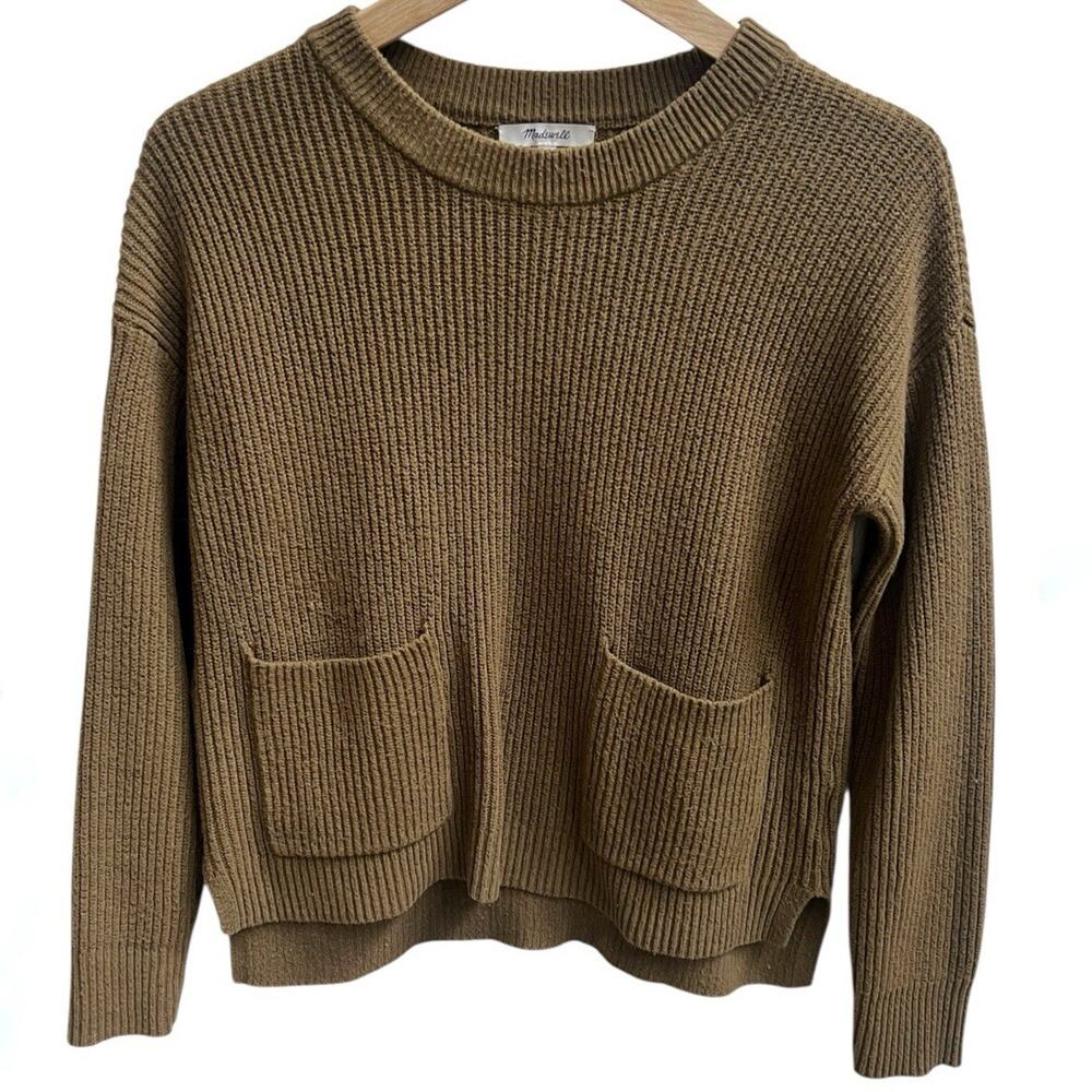 Madewell Patch Pocket Olive Green Boxy Fit Ribbed Pullover Sweater Sz XS